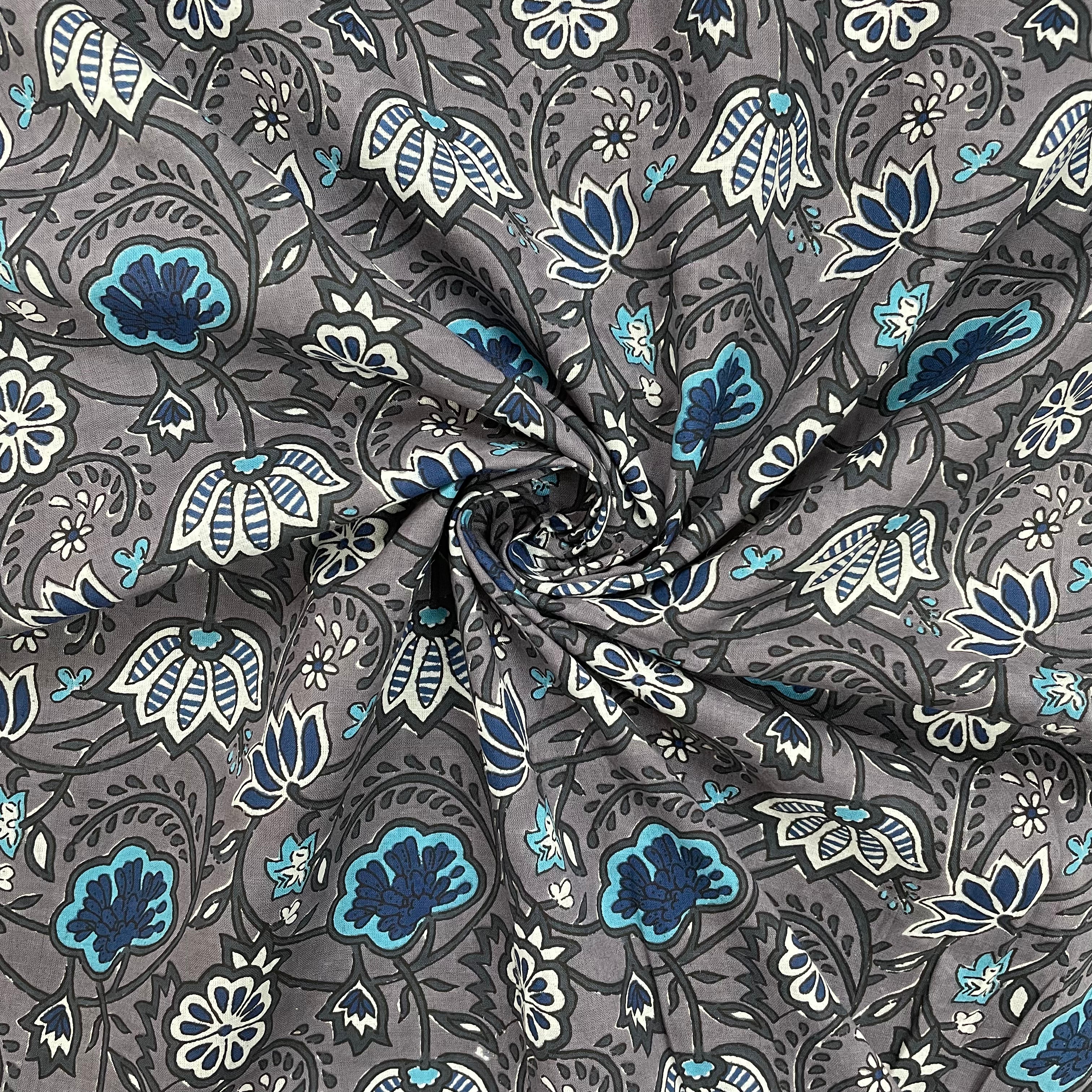 Grey With Blue Floral Print Cotton Fabric - TradeUNO