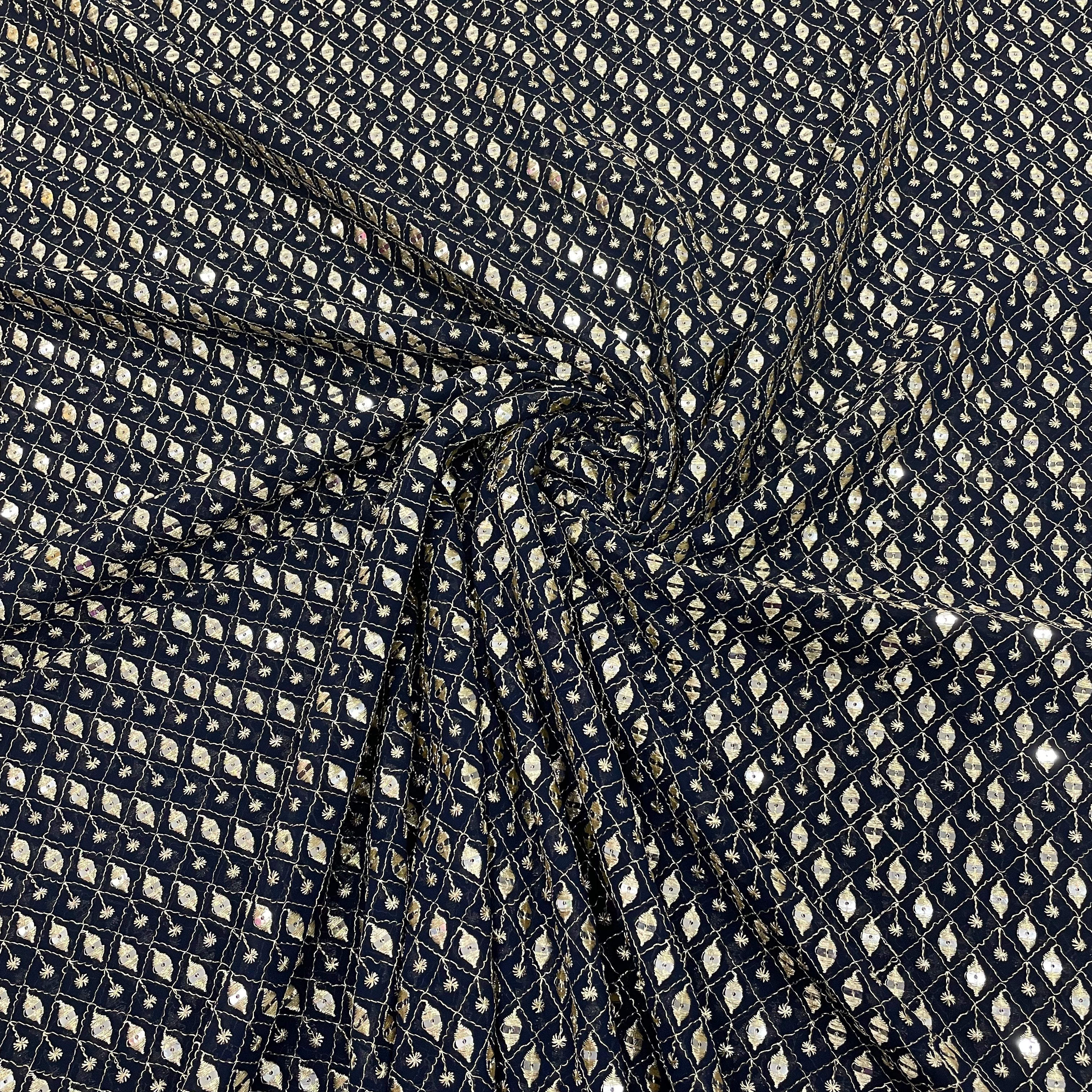 Navy Blue Check Embroidery Sequence Georgette Fabric - TradeUNO