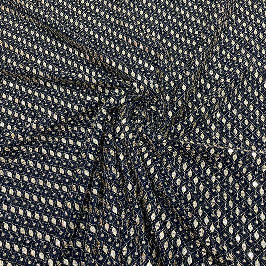 Navy Blue Check Embroidery Sequence Georgette Fabric