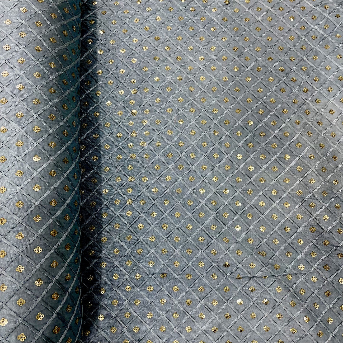 Sky Blue Geometrical Embroidery Sequence Satin Silk Fabric - TradeUNO