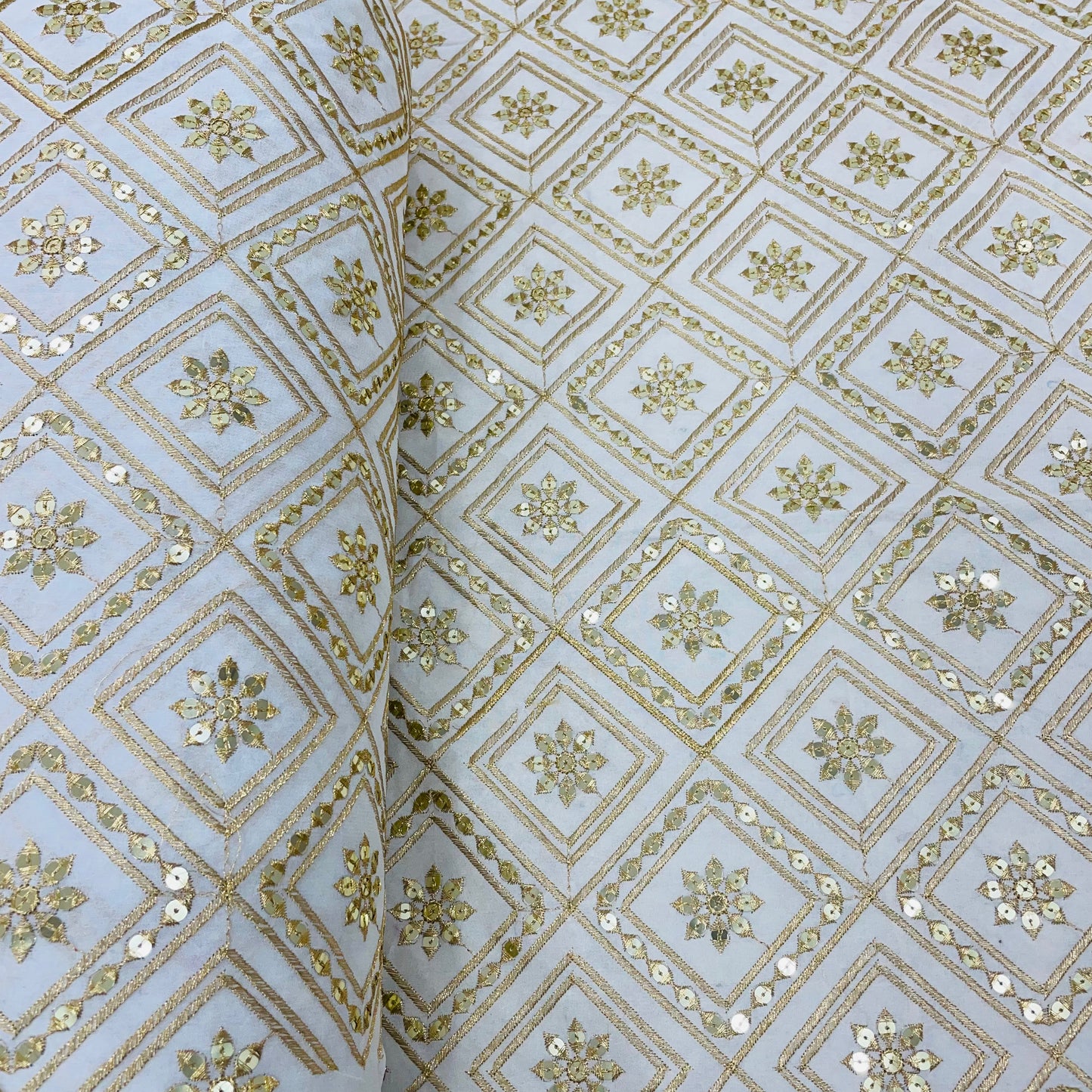 White with gold zari Embroidery Sequence Dyeable Georgette Fabric - TradeUNO