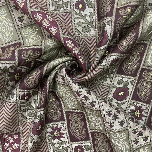 Brown Traditonal Foil Print Chanderi Silk Fabric