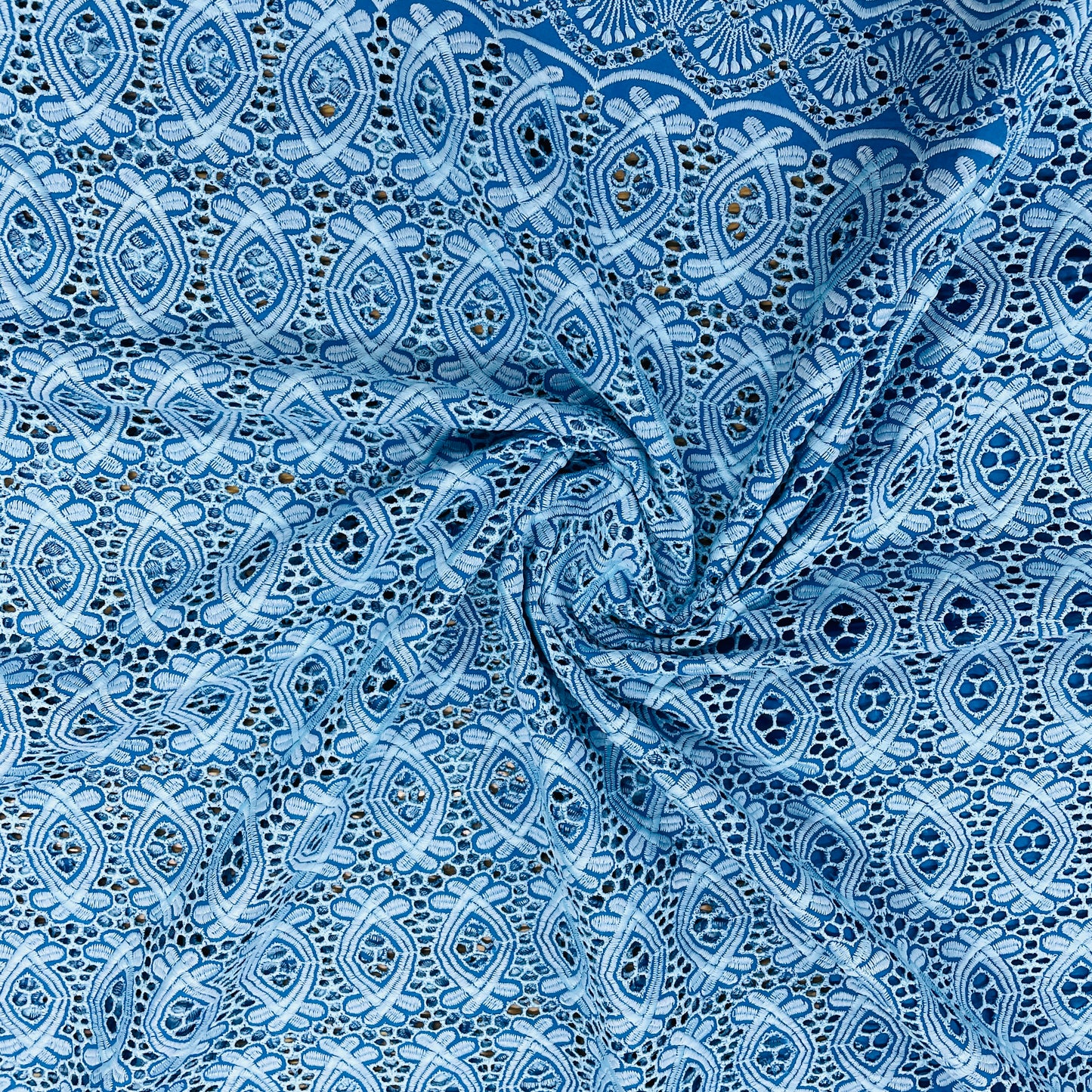 Blue Schiffli Embroidery Cotton Fabric