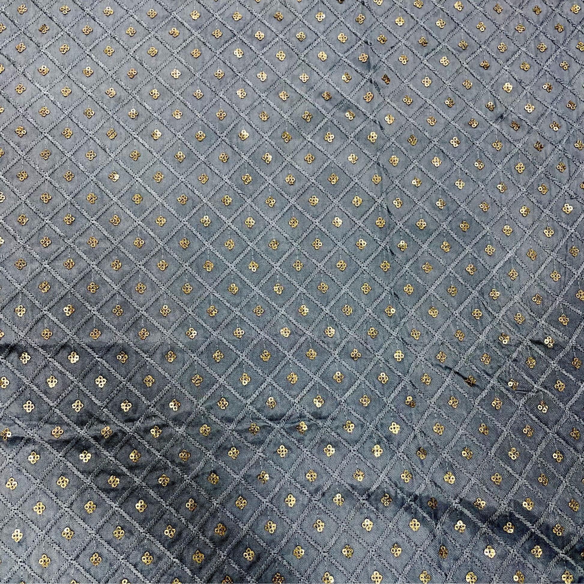 Grey Geometrical Embroidery Sequence Satin Silk Fabric - TradeUNO