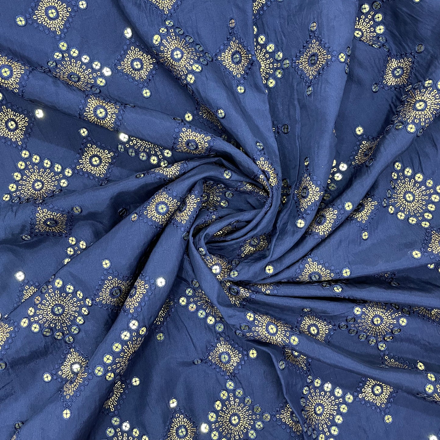 Navy Blue Geometrical Embroidery With Sequence Upada Silk Fabric