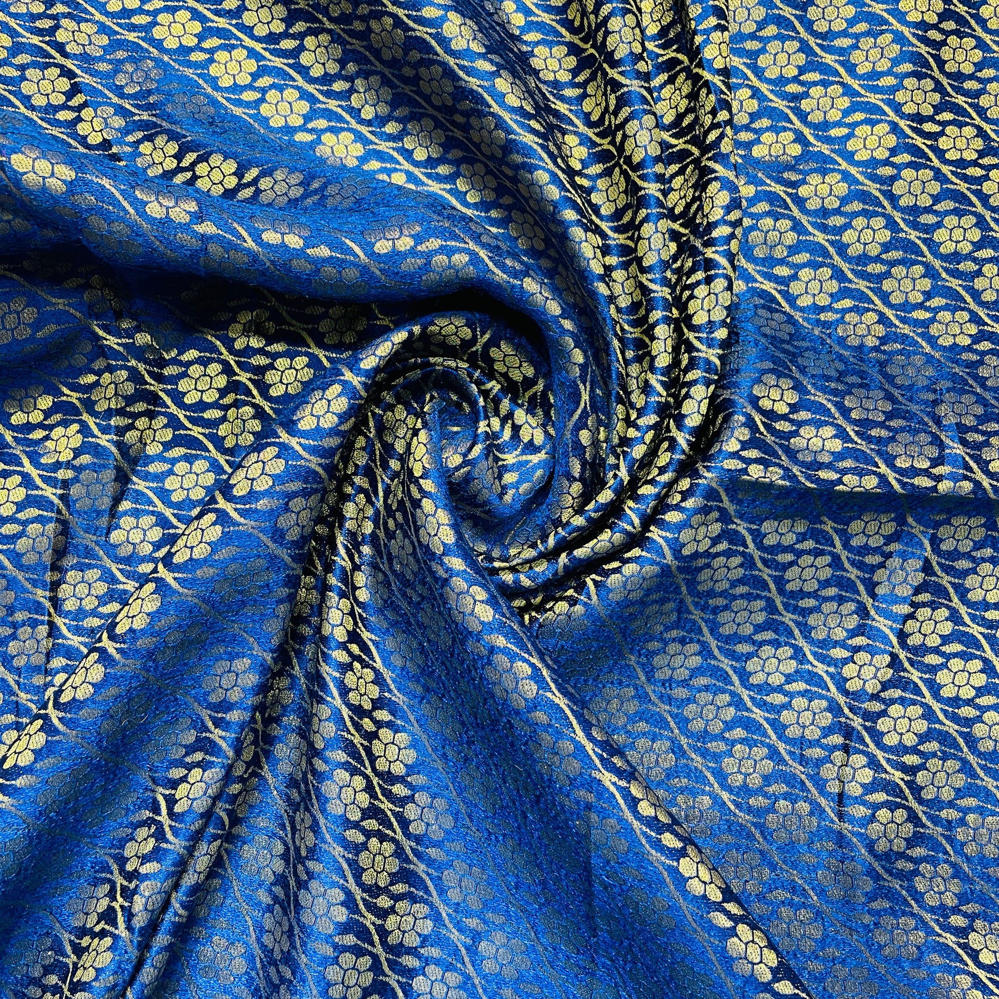 Navy Blue with Gold Zari Floral Banarasi Brocade Fabric - TradeUNO