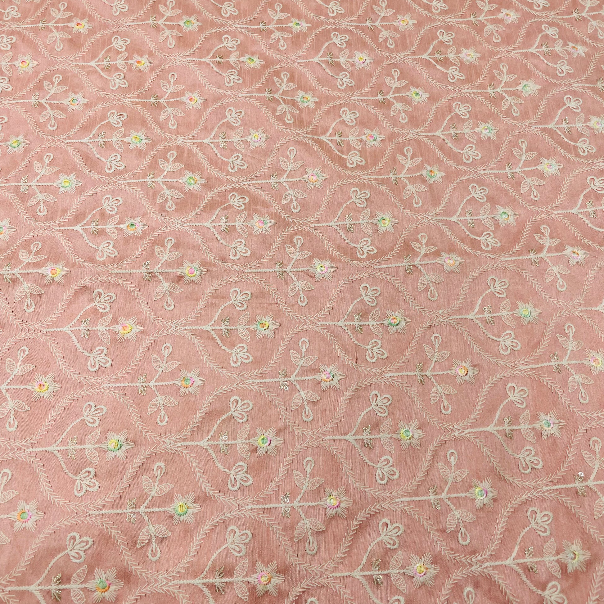 Peach Floral Embroidery Dupion Silk Fabric - TradeUNO