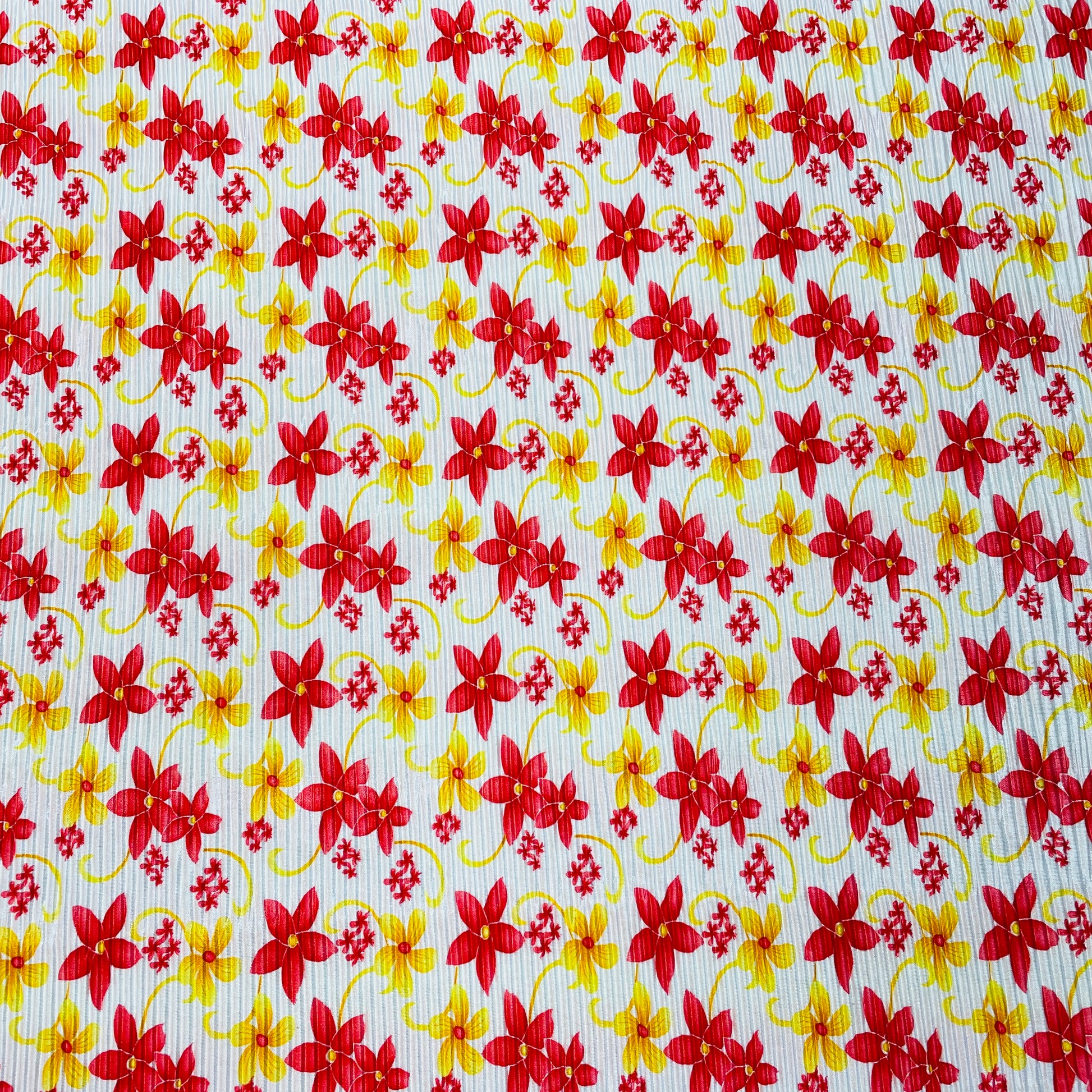 White With Red Yellow Floral Pleated Knitted Satin Fabric - TradeUNO
