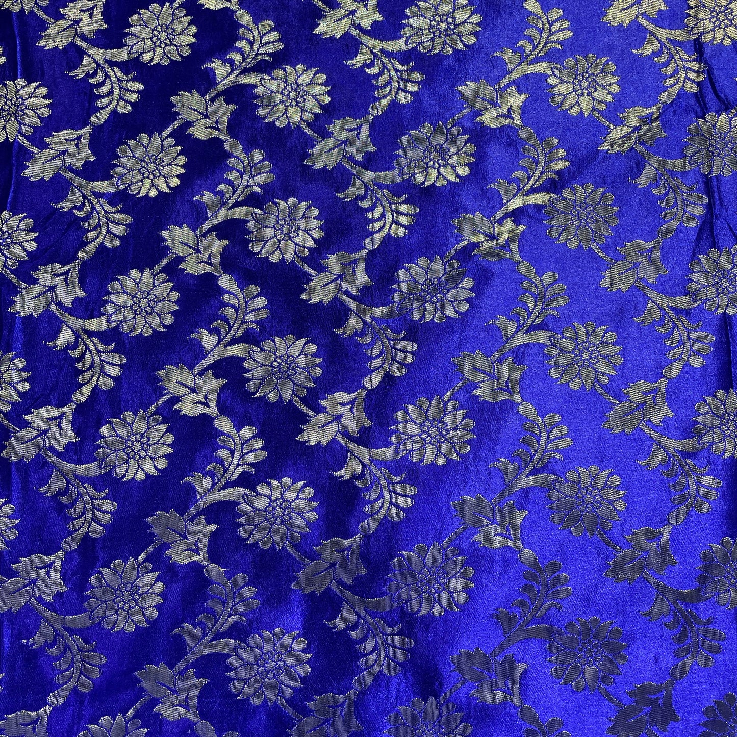 Dark Blue With Gold Zari Floral Banarasi Brocade Fabric - TradeUNO
