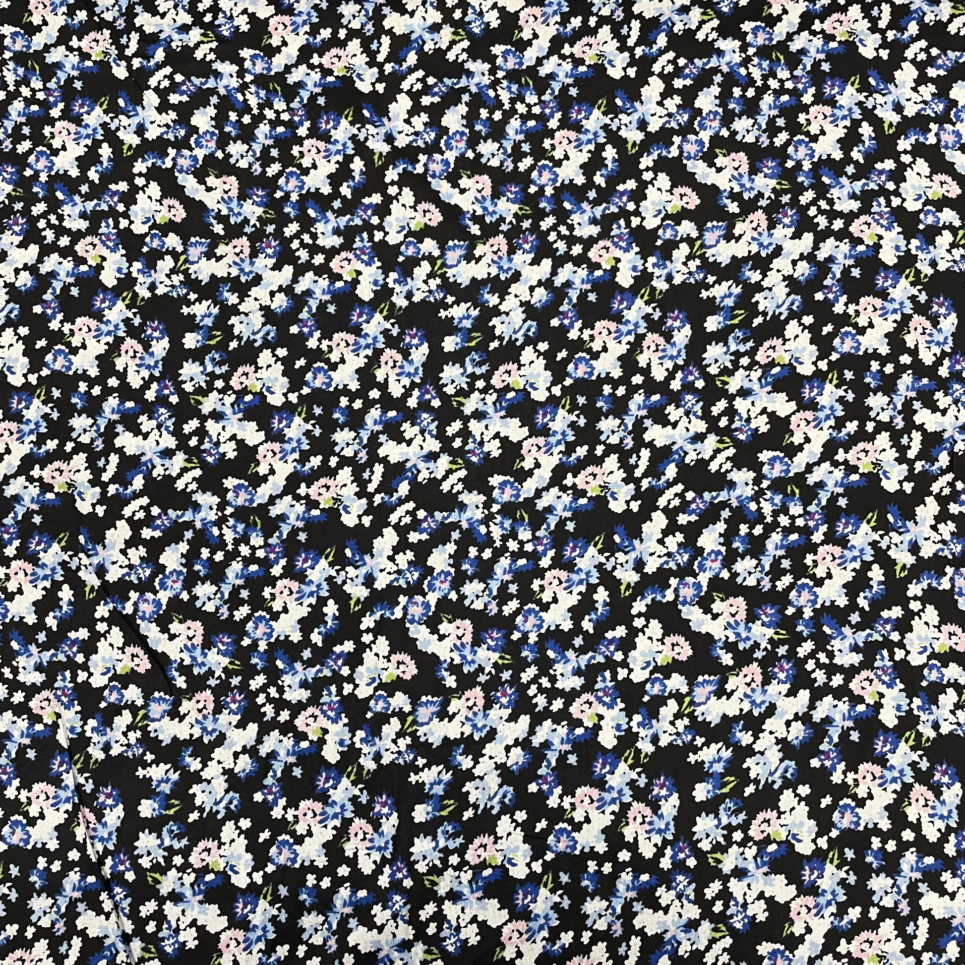 Black With Blue Floral Print Rayon Fabric - TradeUNO