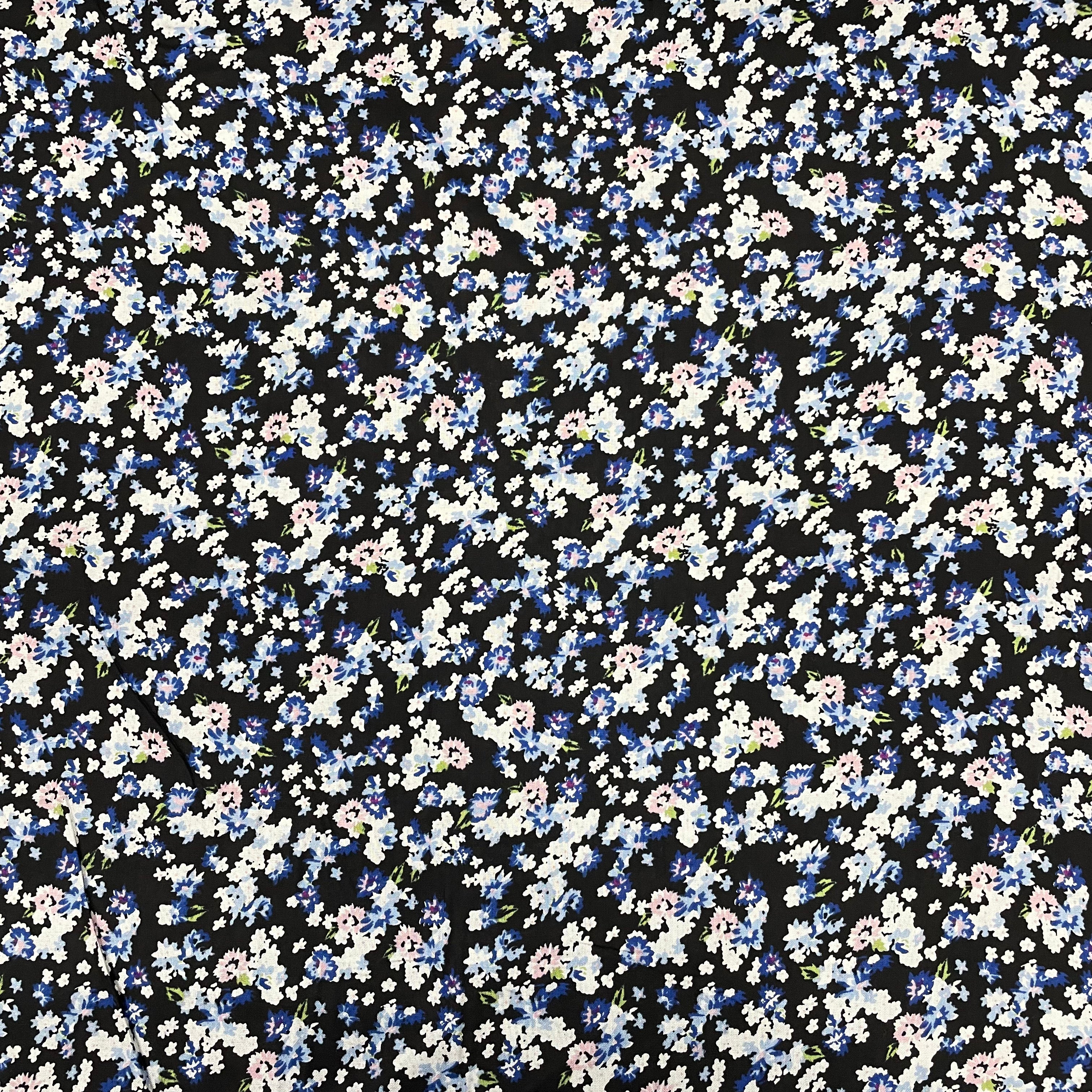 Black With Blue Floral Print Rayon Fabric - TradeUNO