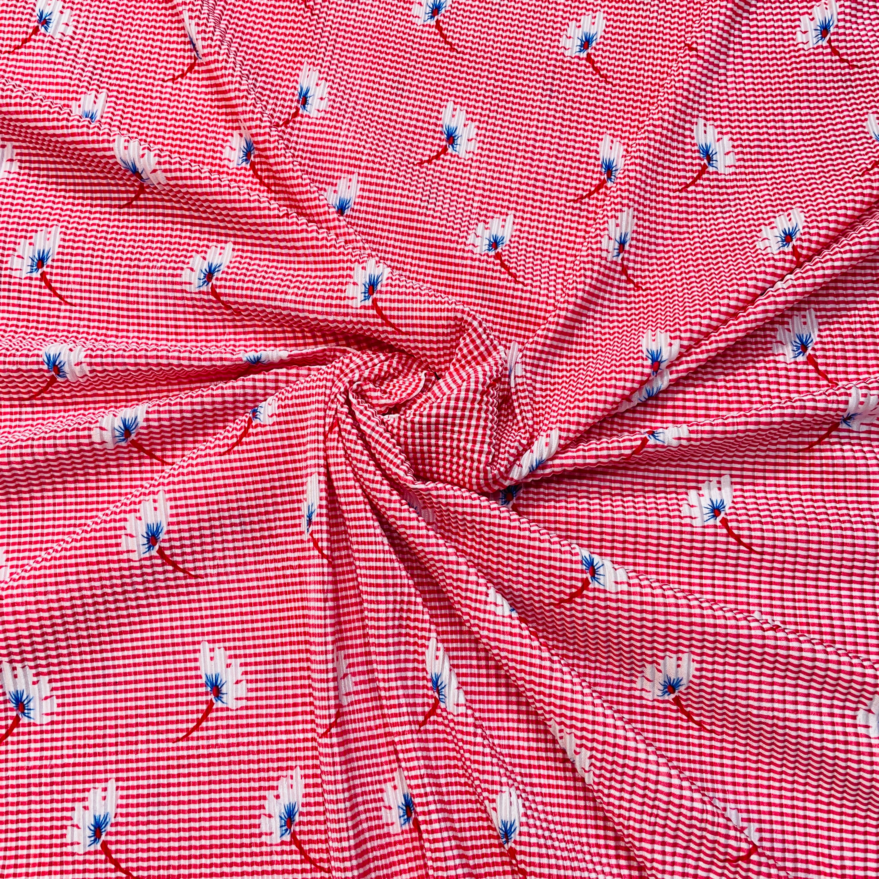 Red Stripes Floral Pleated Knitted Satin Fabric - TradeUNO