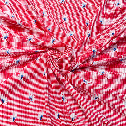 Red Stripes Floral Pleated Knitted Satin Fabric - TradeUNO