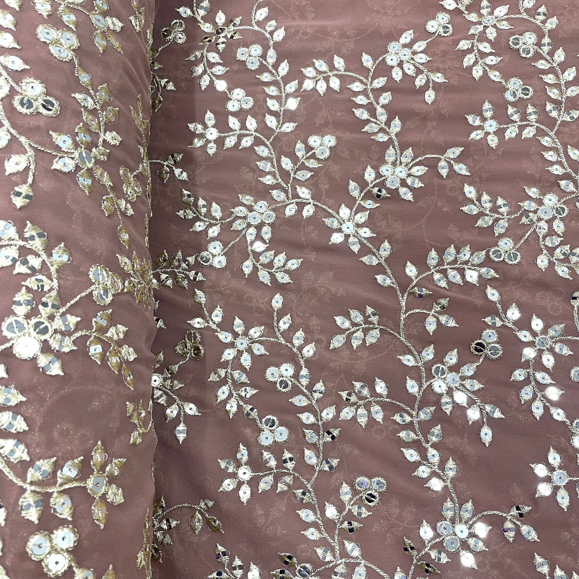 Rust Brown Leaf Embroidery Sequence Georgette Fabric - TradeUNO