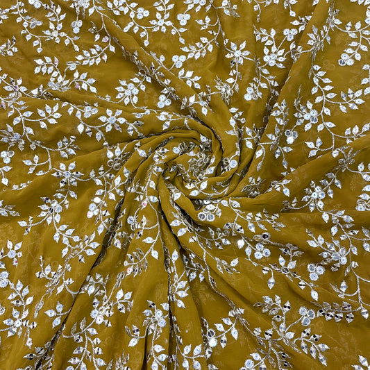 Mustard Brown Floral Embroidery Sequence Georgette Fabric