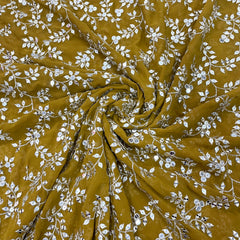 Mustard Brown Floral Embroidery Sequence Georgette Fabric - TradeUNO