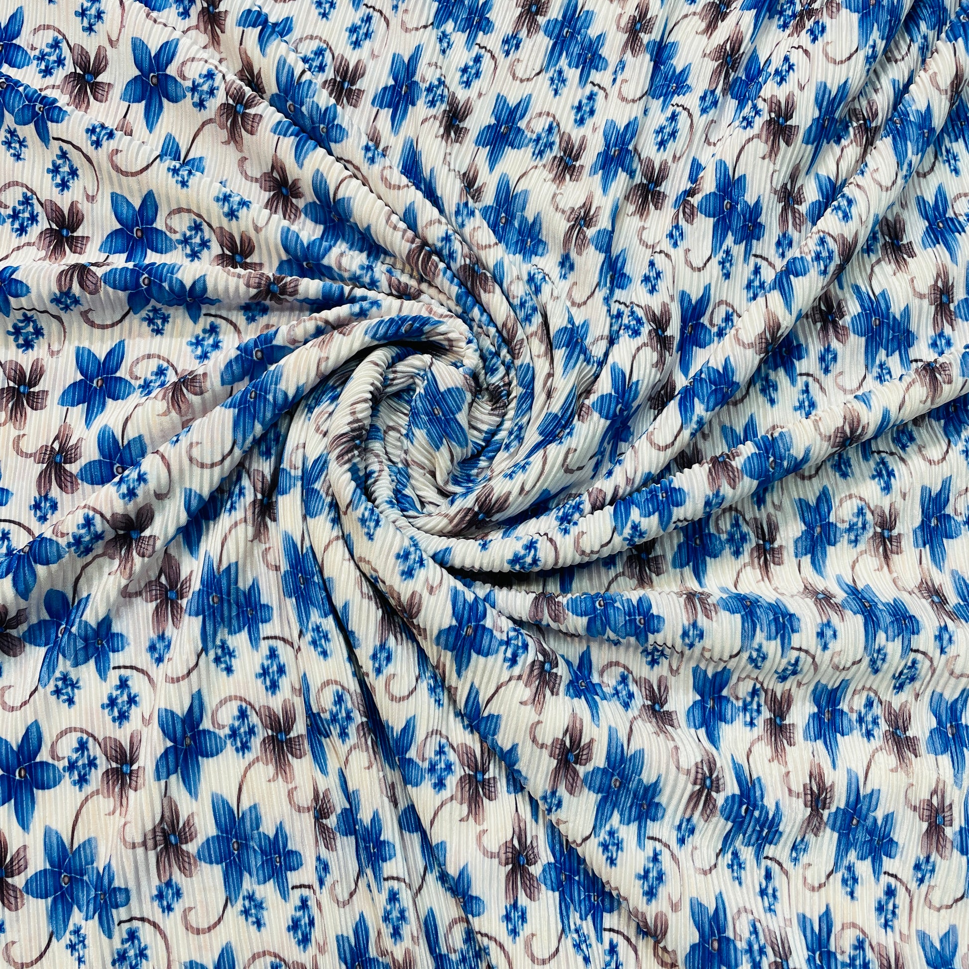 White With Blue Brown Floral Pleated Knitted Satin Fabric - TradeUNO