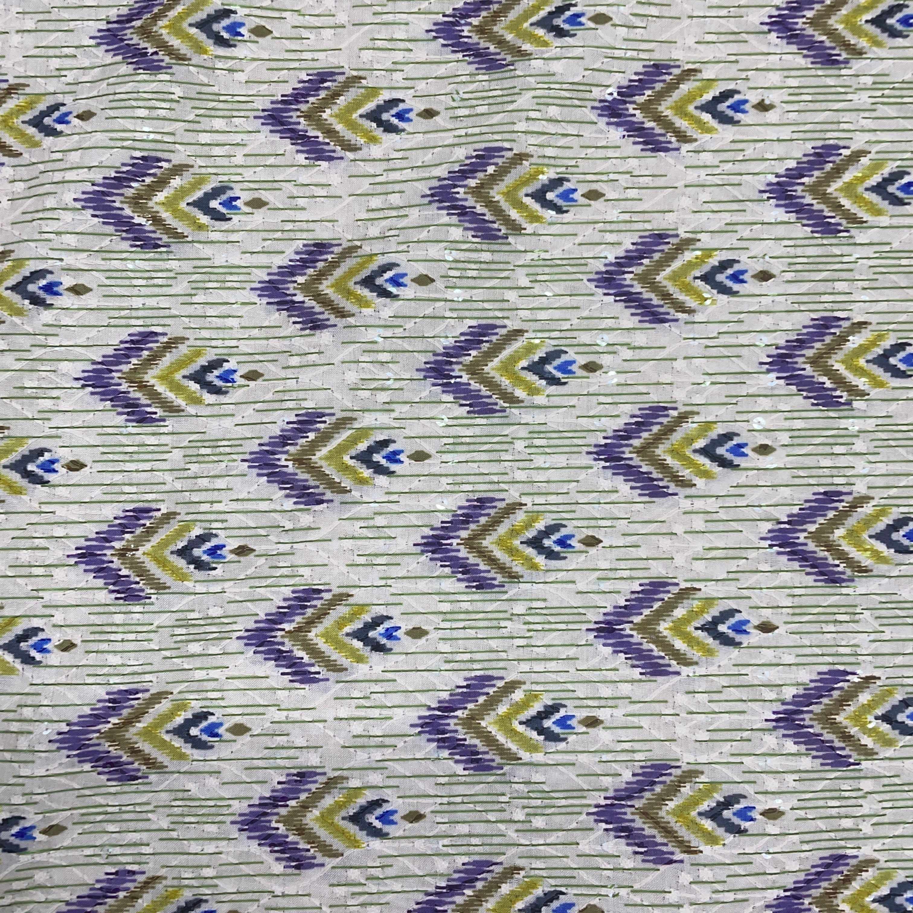 Cream With Multicolor Ikkat Print Sequins Embroidery Blended Cotton Fabric - TradeUNO