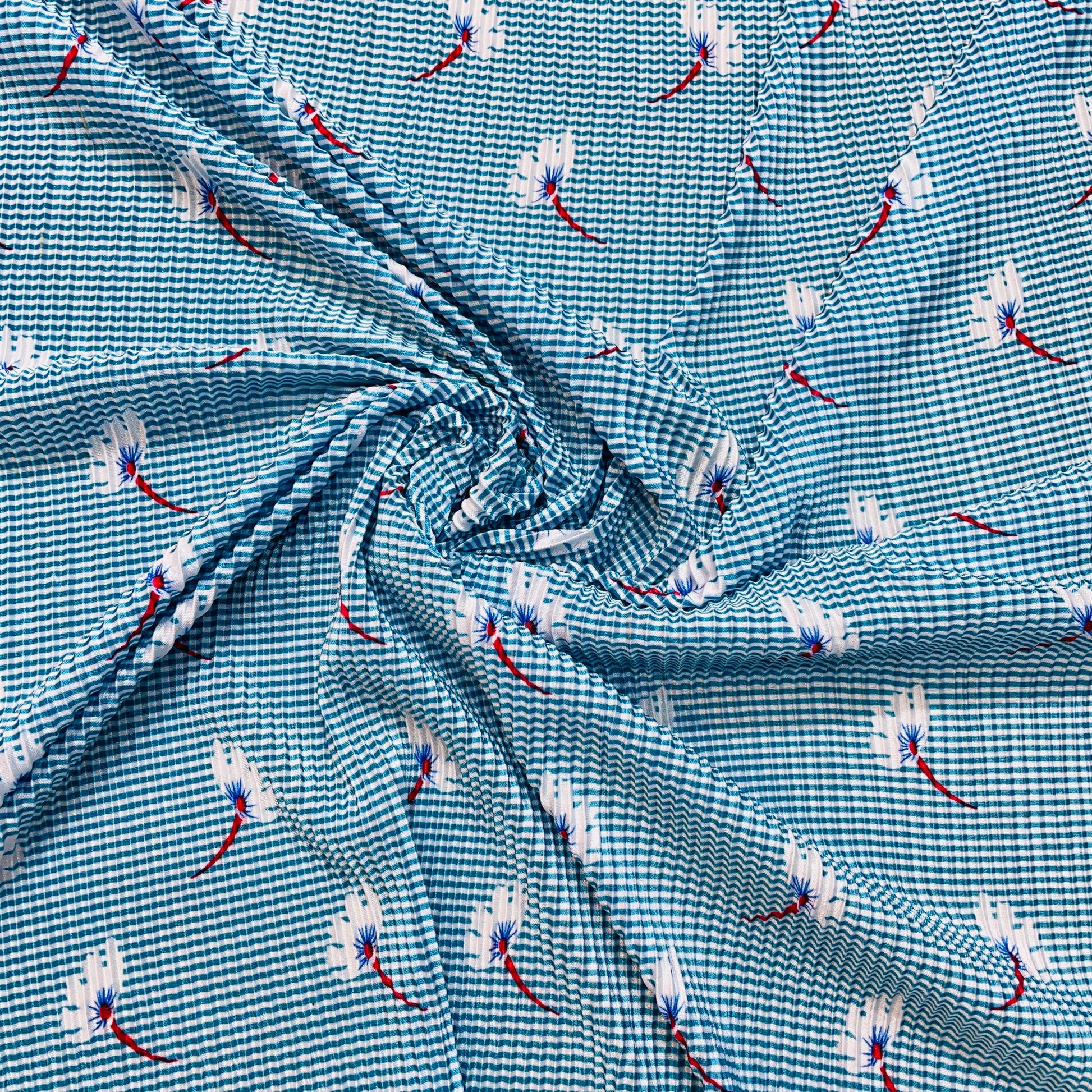Sky Blue Stripes Floral Pleated Knitted Satin Fabric - TradeUNO