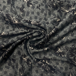 Grey With Black Floral Crepe Fabric - TradeUNO