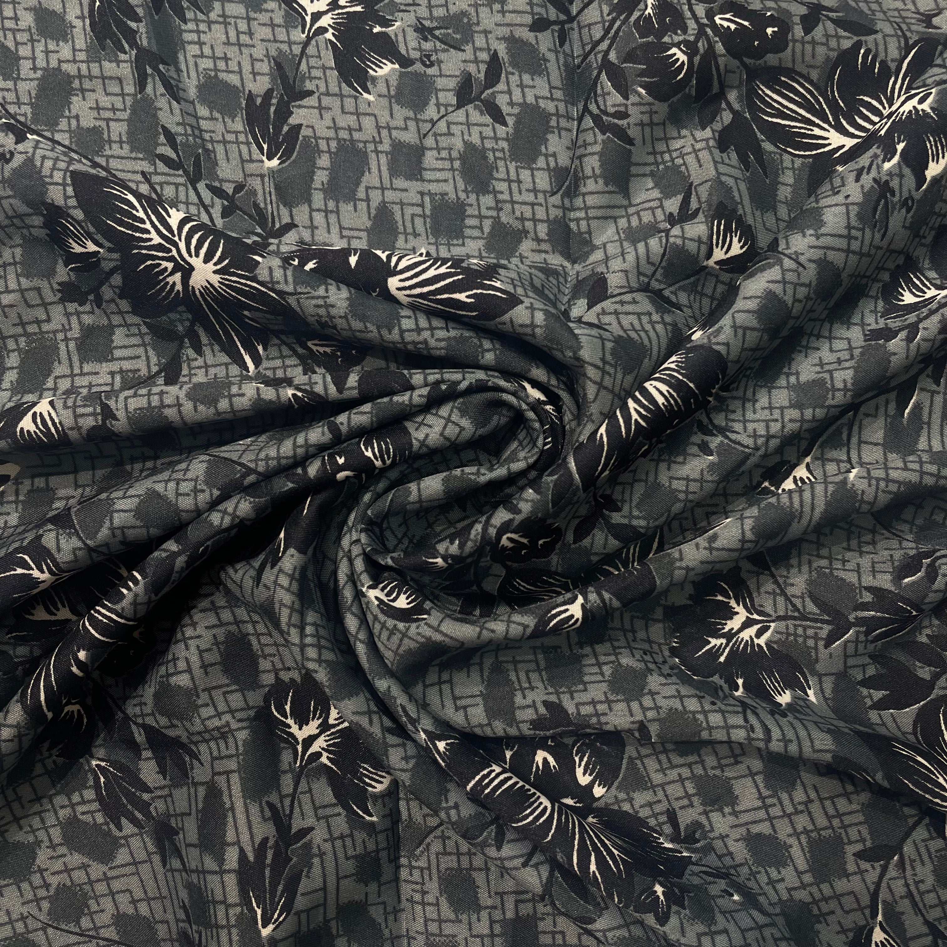 Grey With Black Floral Crepe Fabric - TradeUNO
