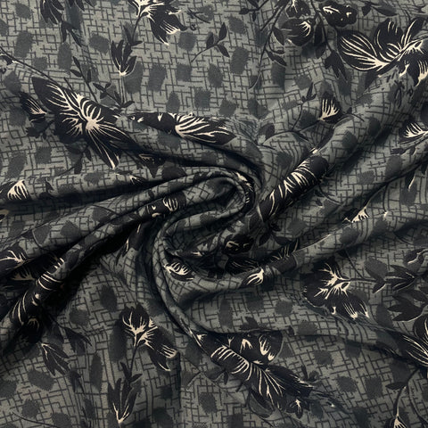 Grey With Black Floral Crepe Fabric - TradeUNO