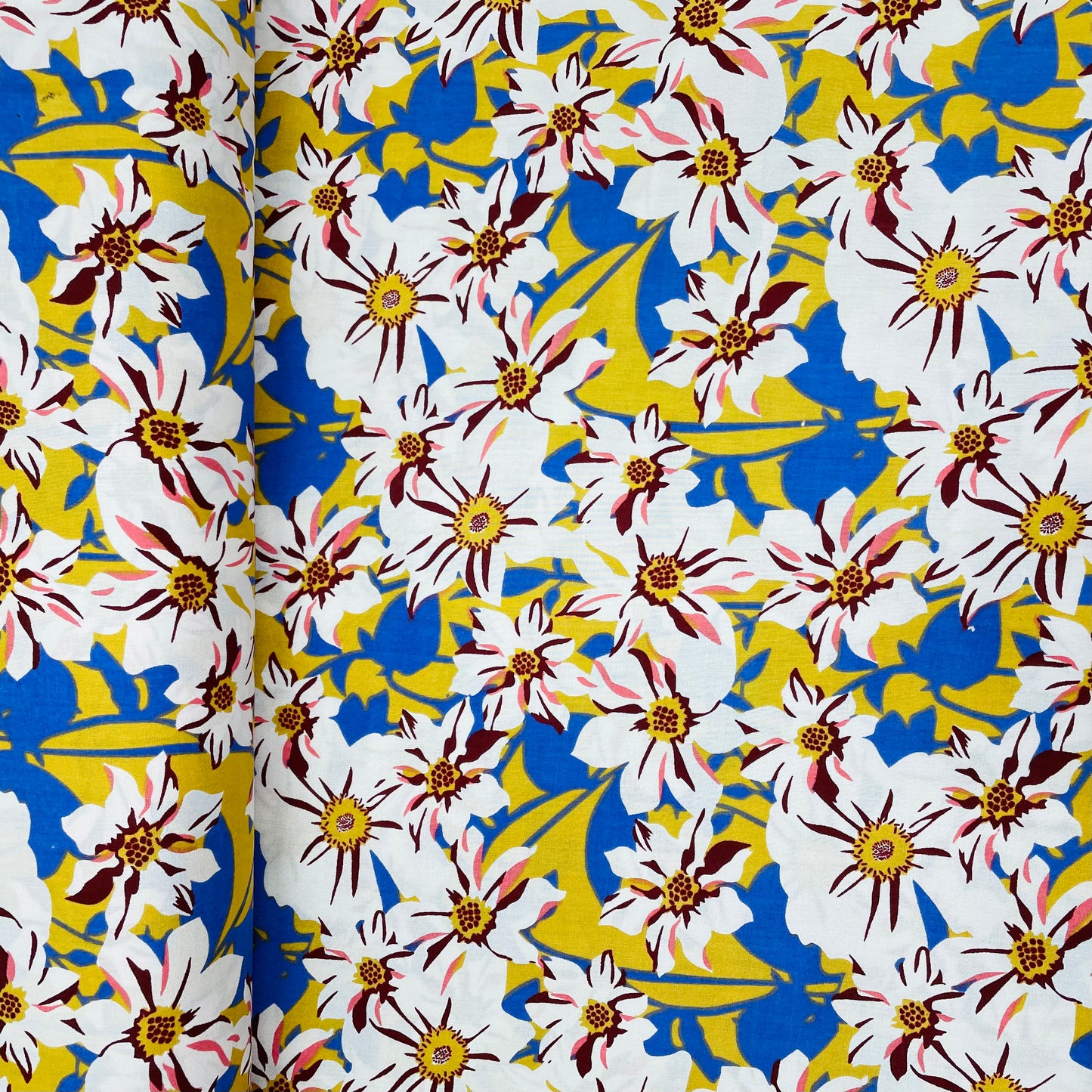 Mustard With White Floral Print Rayon Fabric - TradeUNO