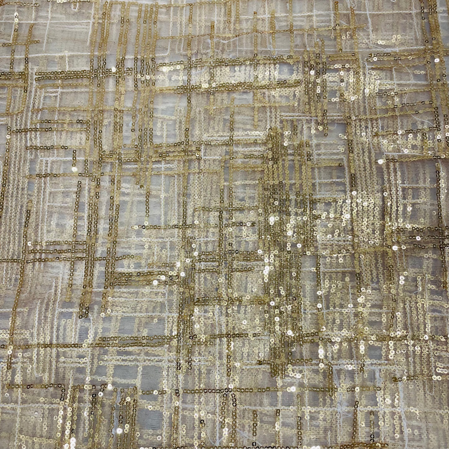 Cream With Golden Checks Sequence Embroidery Net Fabric