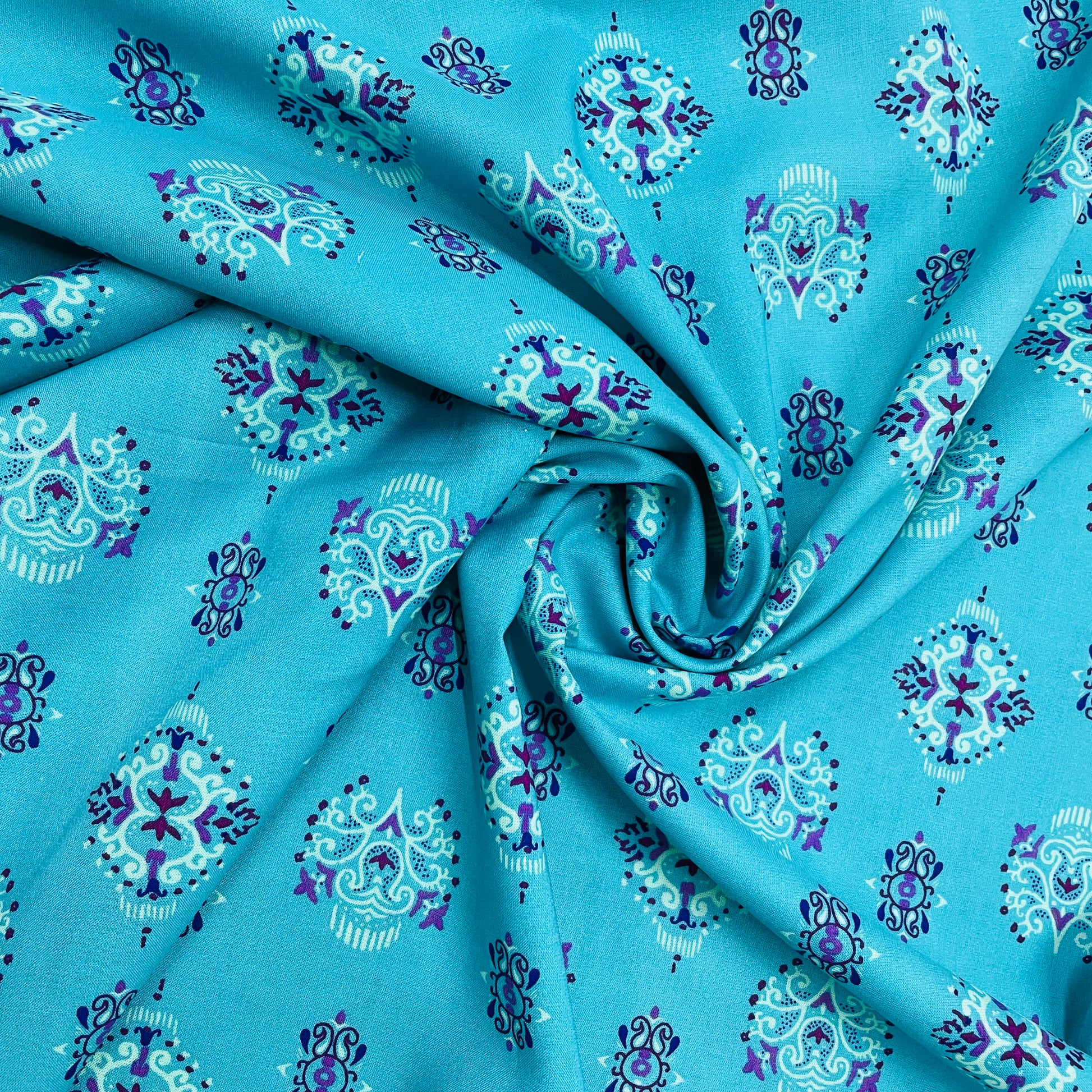 Sky Blue Traditional Print Rayon Fabric - TradeUNO