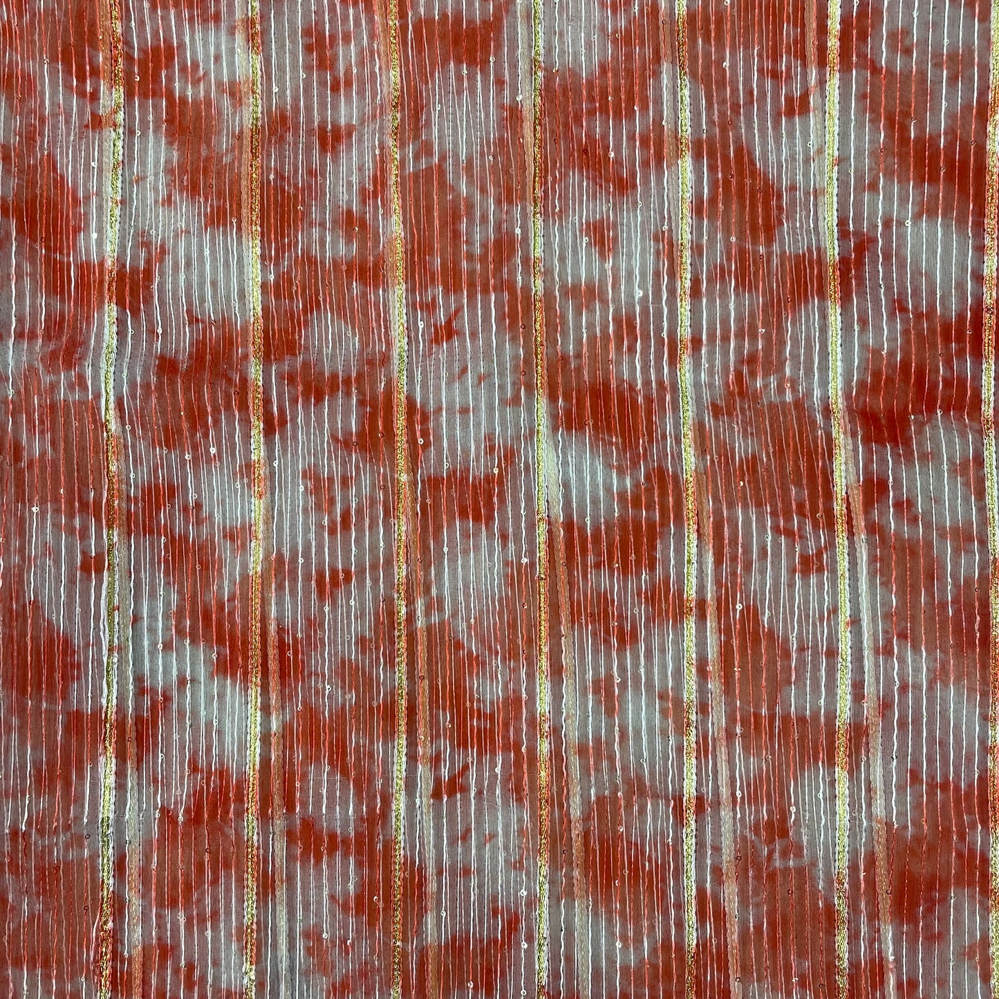 Orange With White Tie & Dye Print Embroidery Sequence Organza Fabric - TradeUNO