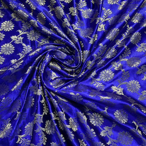 Dark Blue With Gold Zari Floral Banarasi Brocade Fabric - TradeUNO