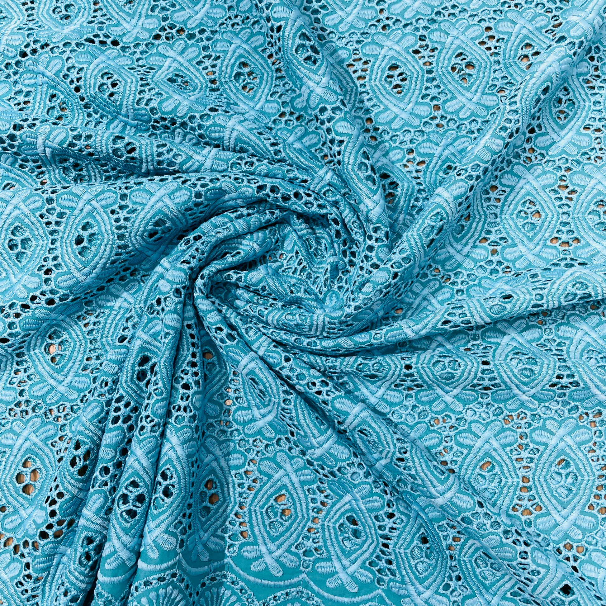 Sky Blue Schiffli Embroidery Cotton Fabric