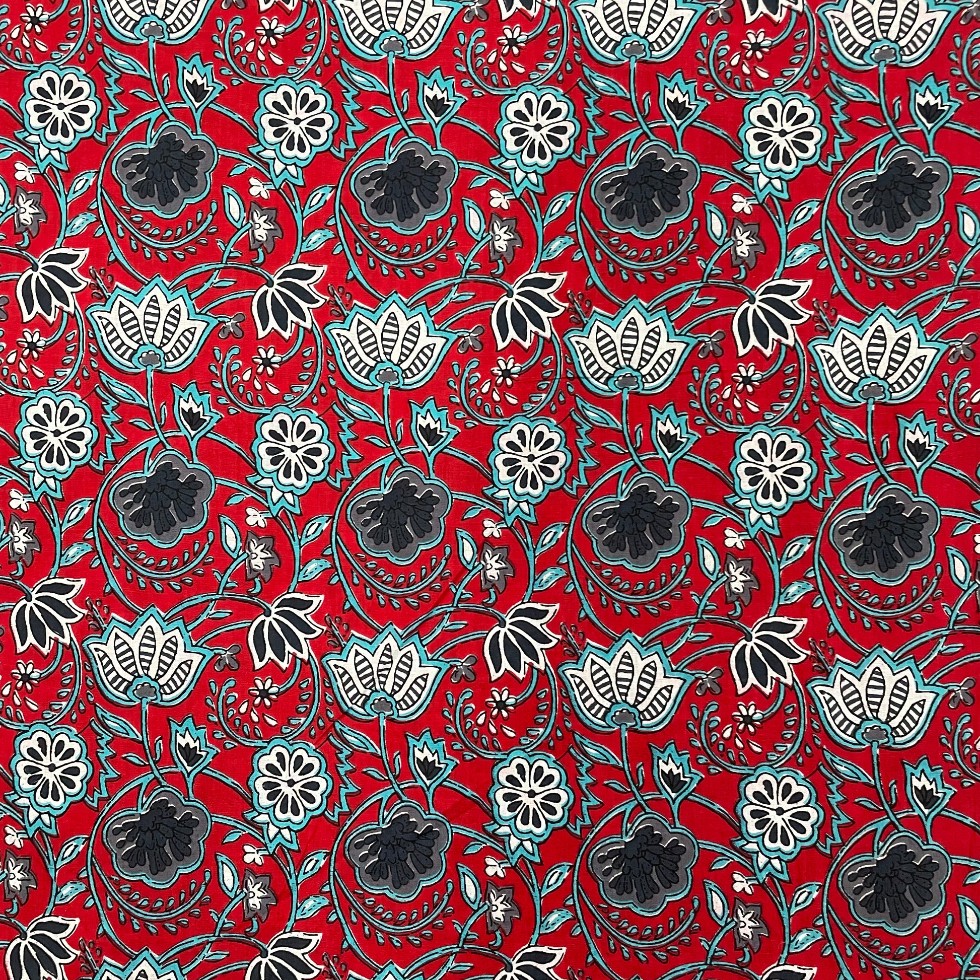 Red With Blue Floral Print Cotton Fabric - TradeUNO