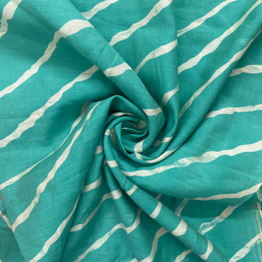 Green With White Stripes Print Chanderi Silk Fabric