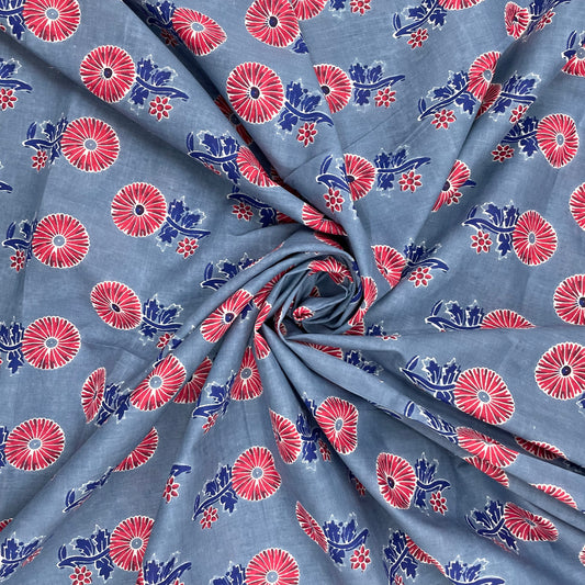 Grey & Red Ajrakh Print Cotton Fabric