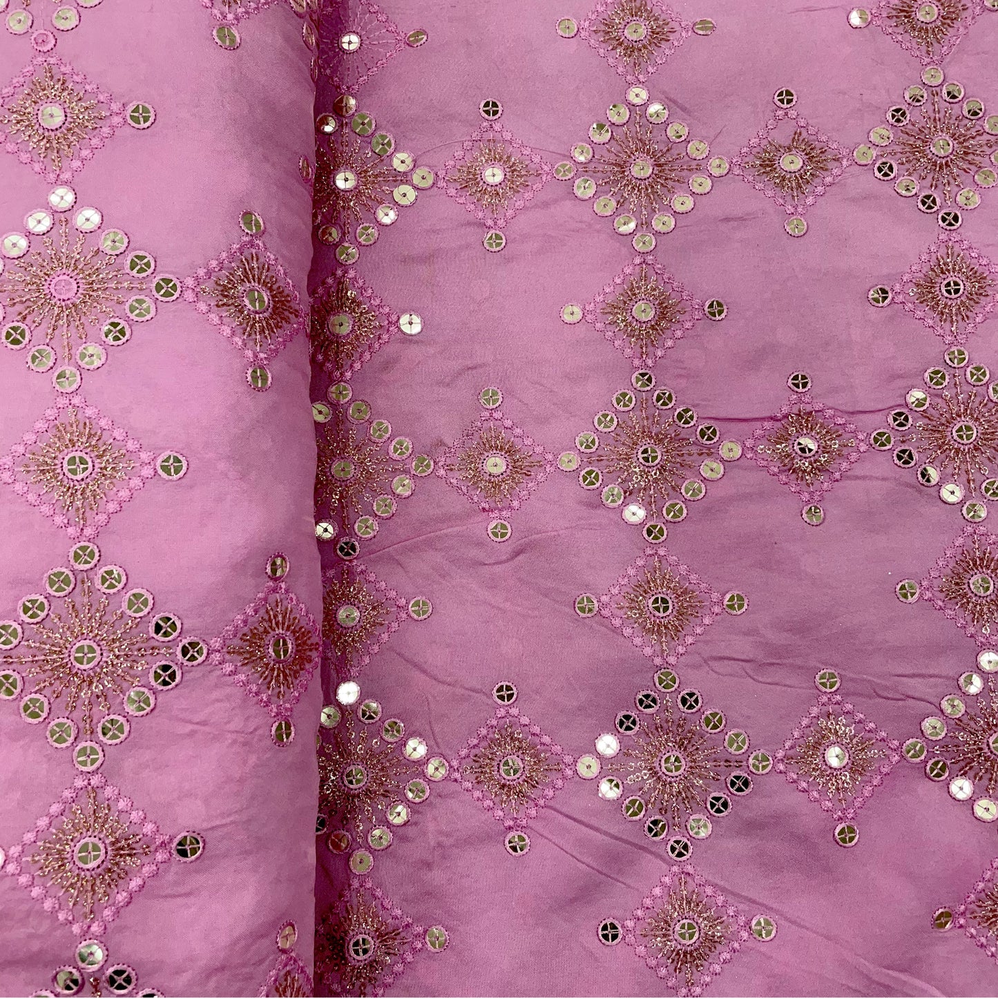 Light Pink Geometrical Embroidery With Sequence Upada Silk Fabric