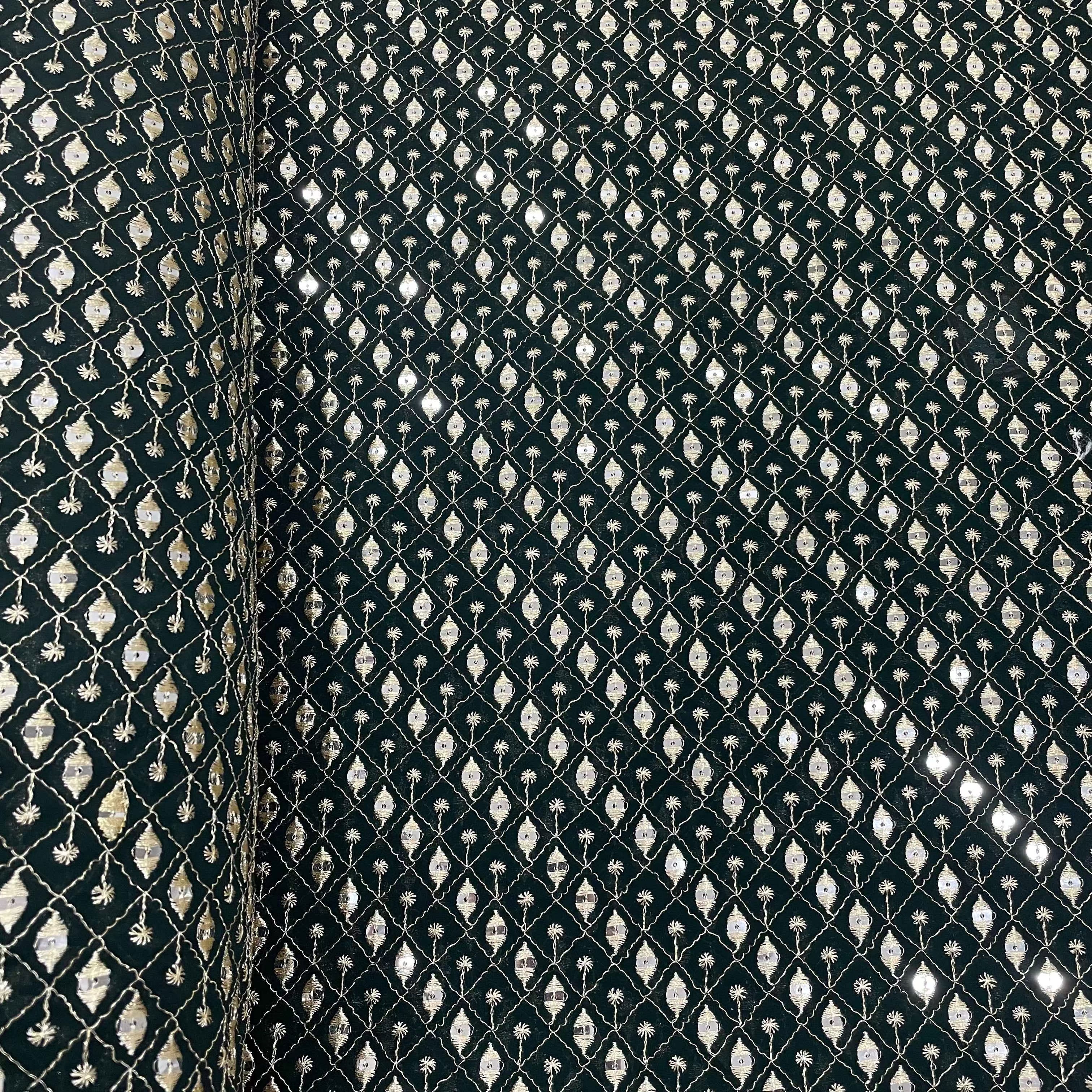 Dark Green Check Embroidery Sequins Georgette Fabric