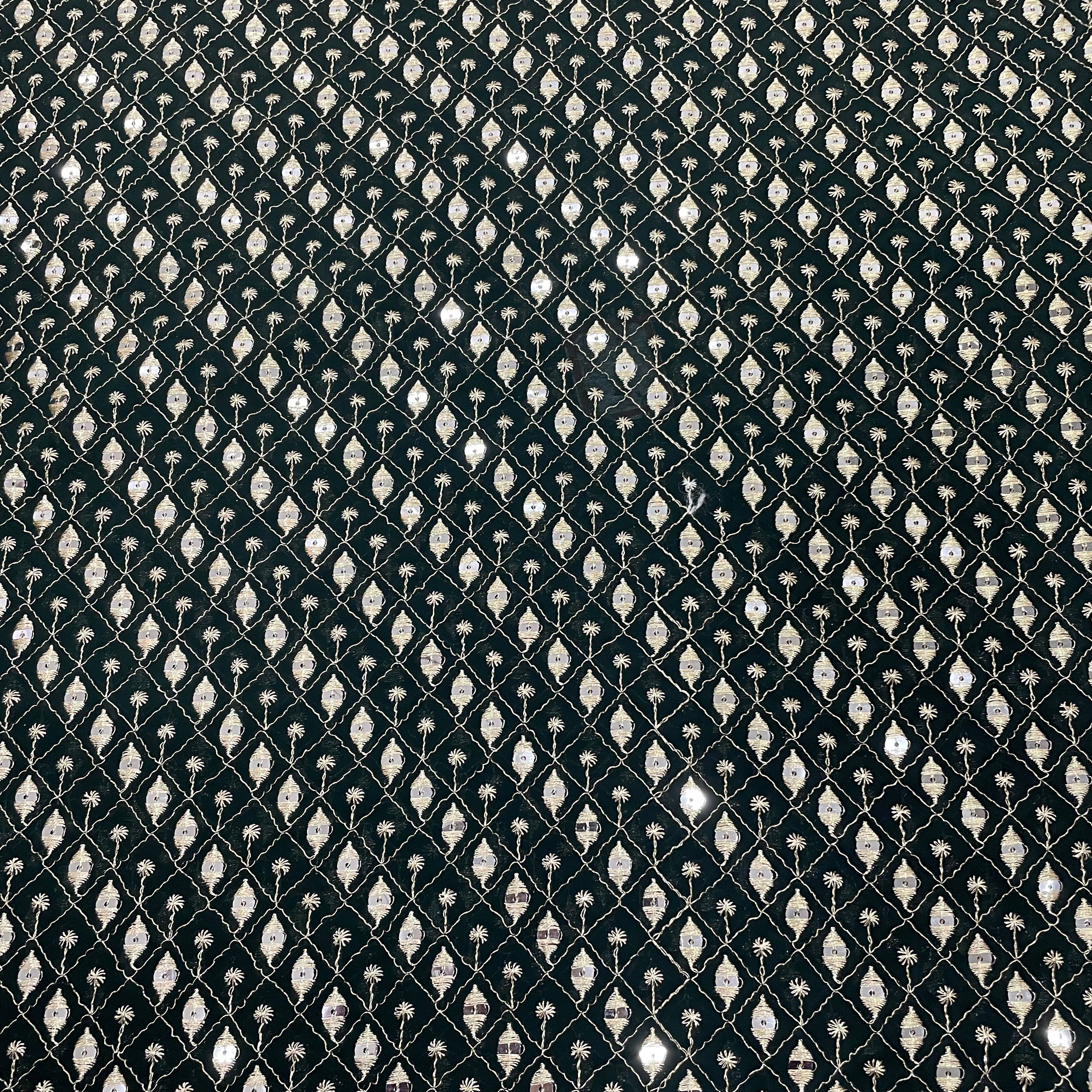 Dark Green Check Embroidery Sequence Georgette Fabric - TradeUNO