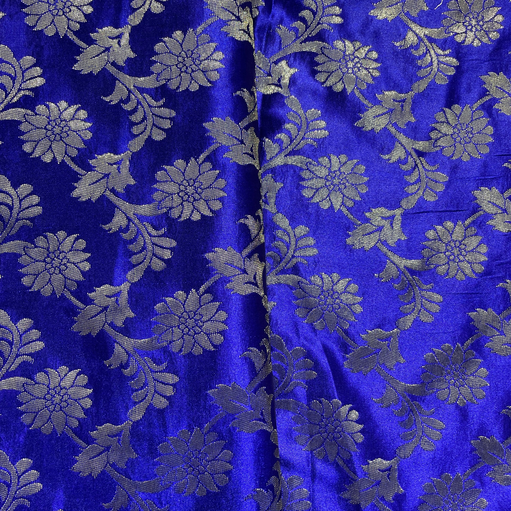 Dark Blue With Gold Zari Floral Banarasi Brocade Fabric - TradeUNO