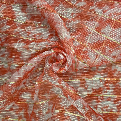 Orange With White Tie & Dye Print Embroidery Sequence Organza Fabric - TradeUNO