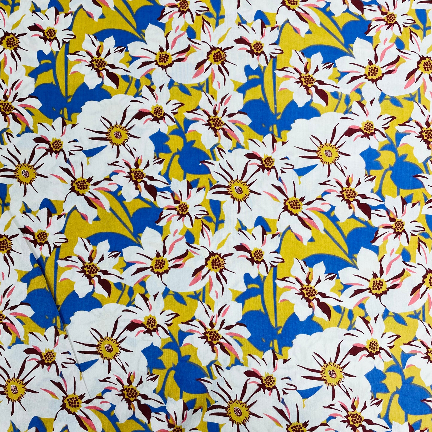 Mustard With White Floral Print Rayon Fabric - TradeUNO