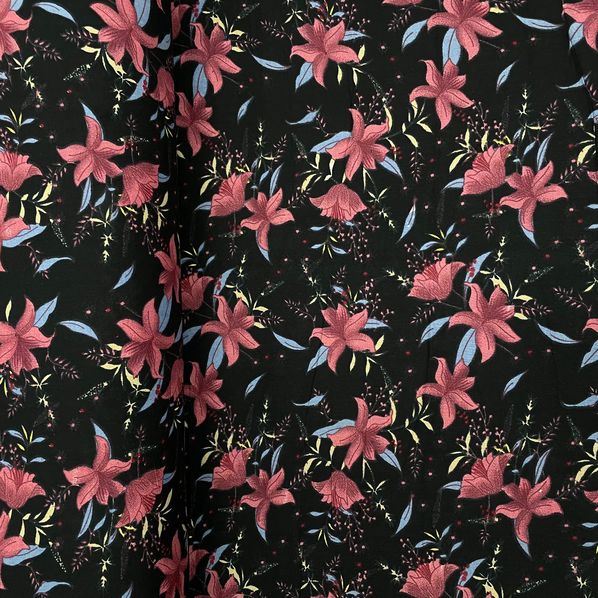 Black With Pink Floral Print Rayon Fabric - TradeUNO