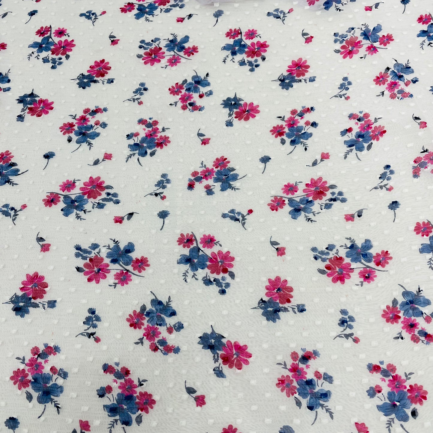 White With Pink Blue Floral Chiffon Dobby Fabric - TradeUNO