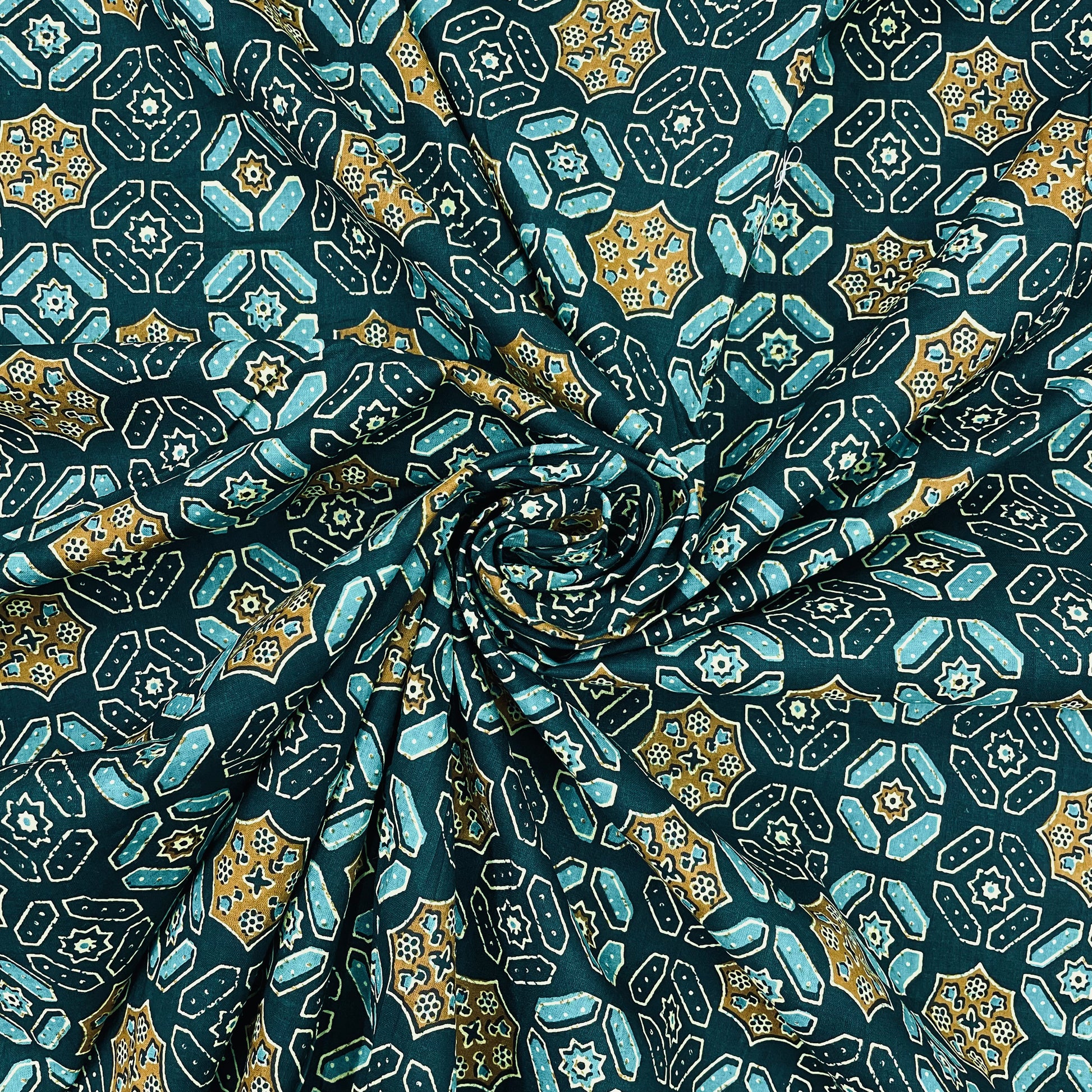 Dark Green Mustard Ajrakh Print Cotton Fabric - TradeUNO