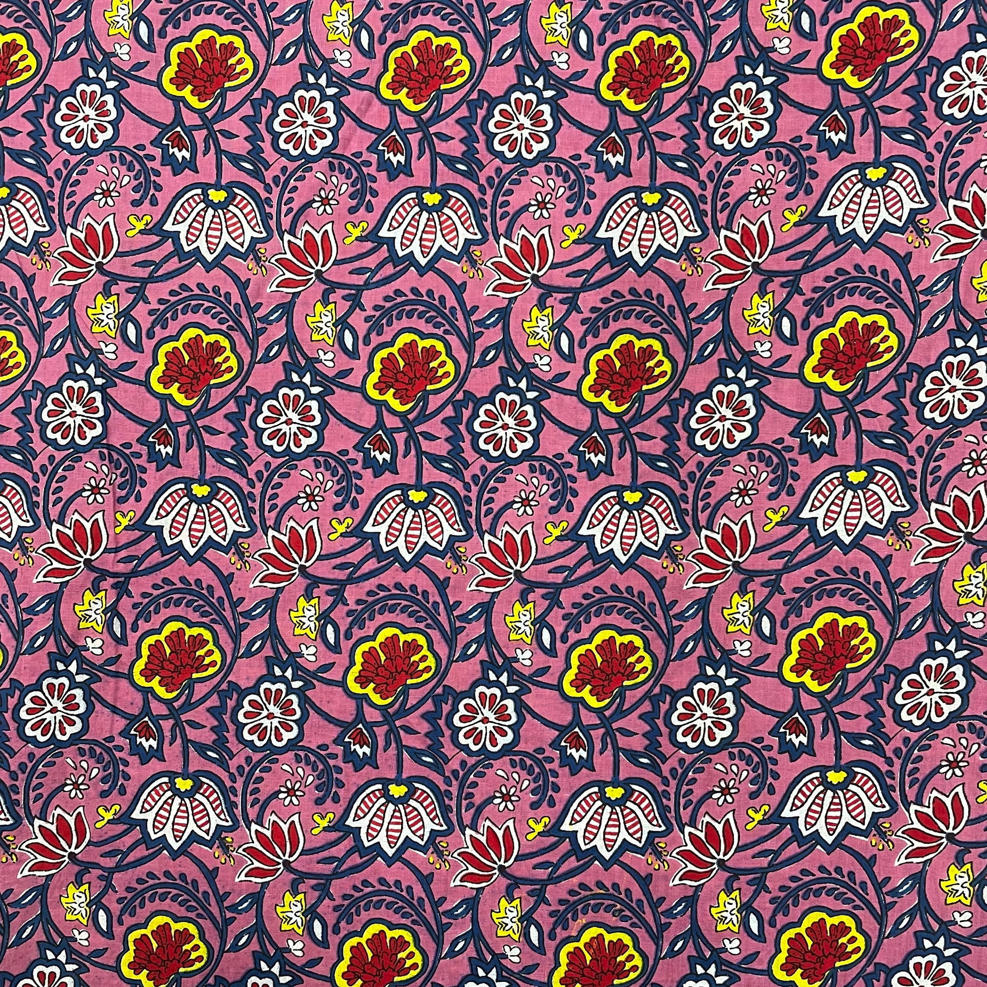Pink With Yellow Floral Print Cotton Fabric - TradeUNO