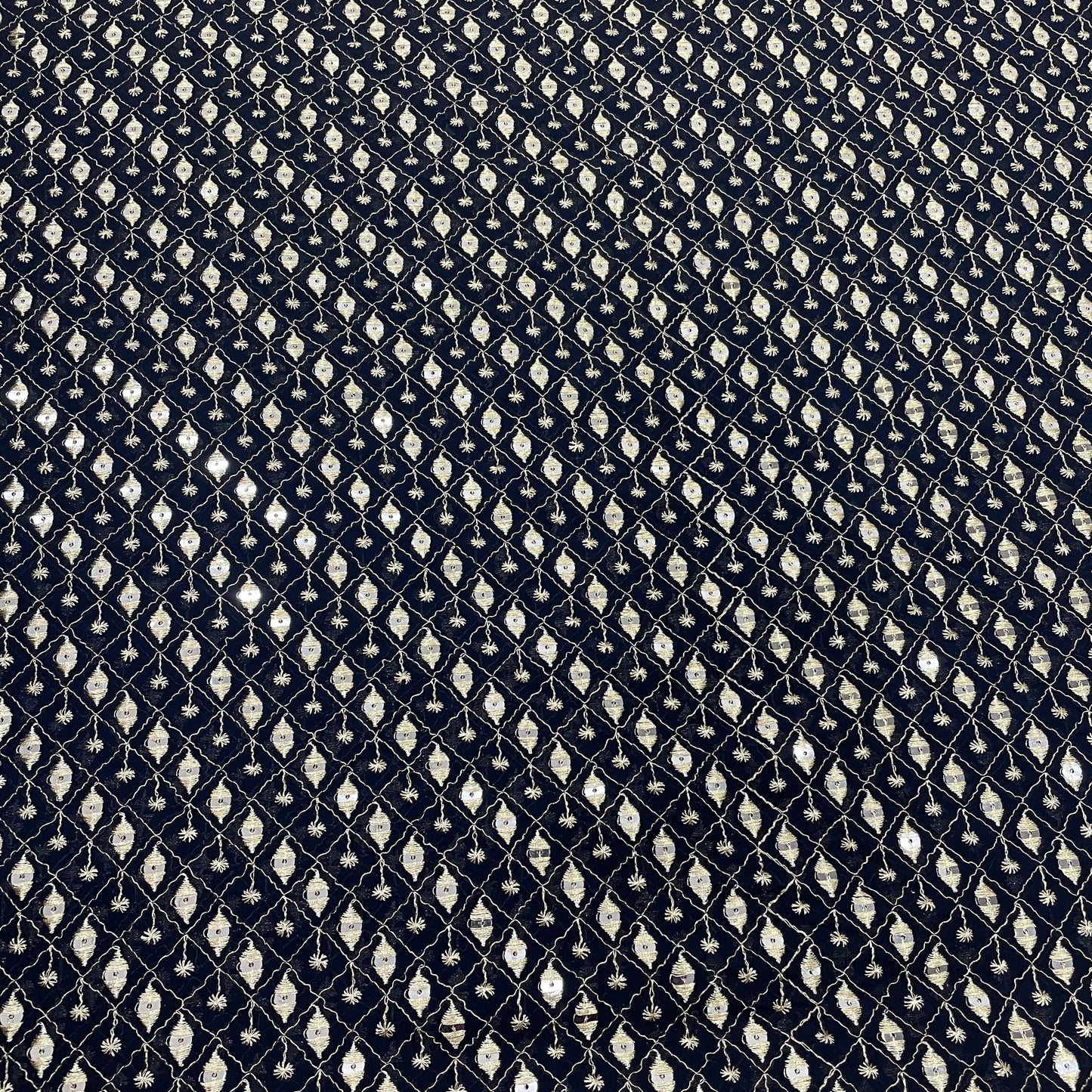 Navy Blue Check Embroidery Sequence Georgette Fabric - TradeUNO