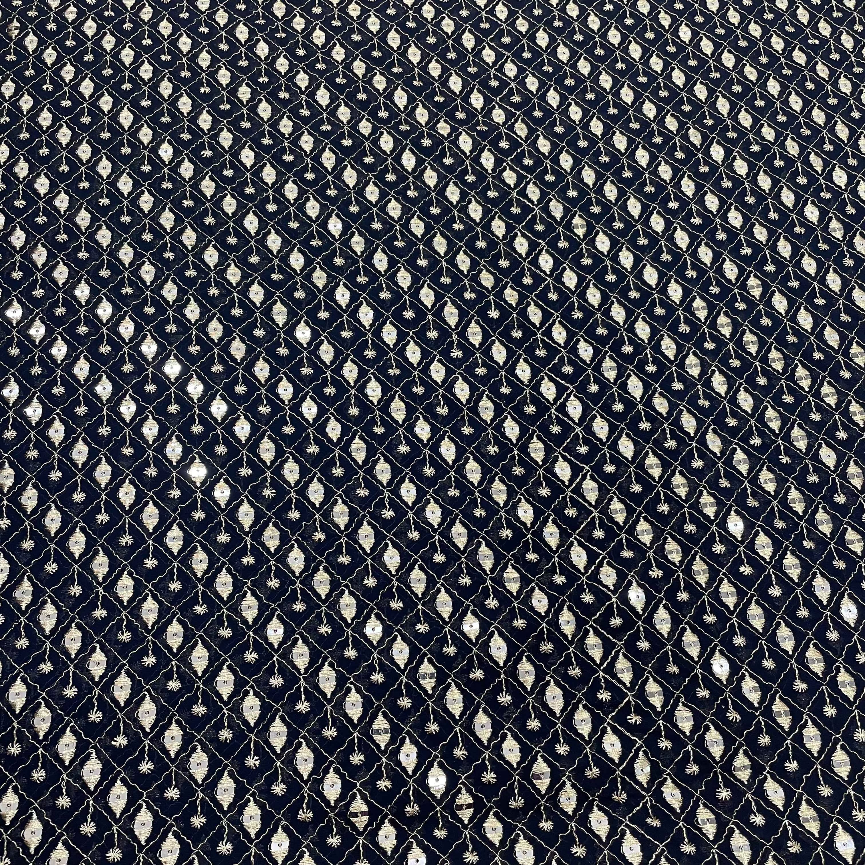 Navy Blue Check Embroidery Sequins Georgette Fabric