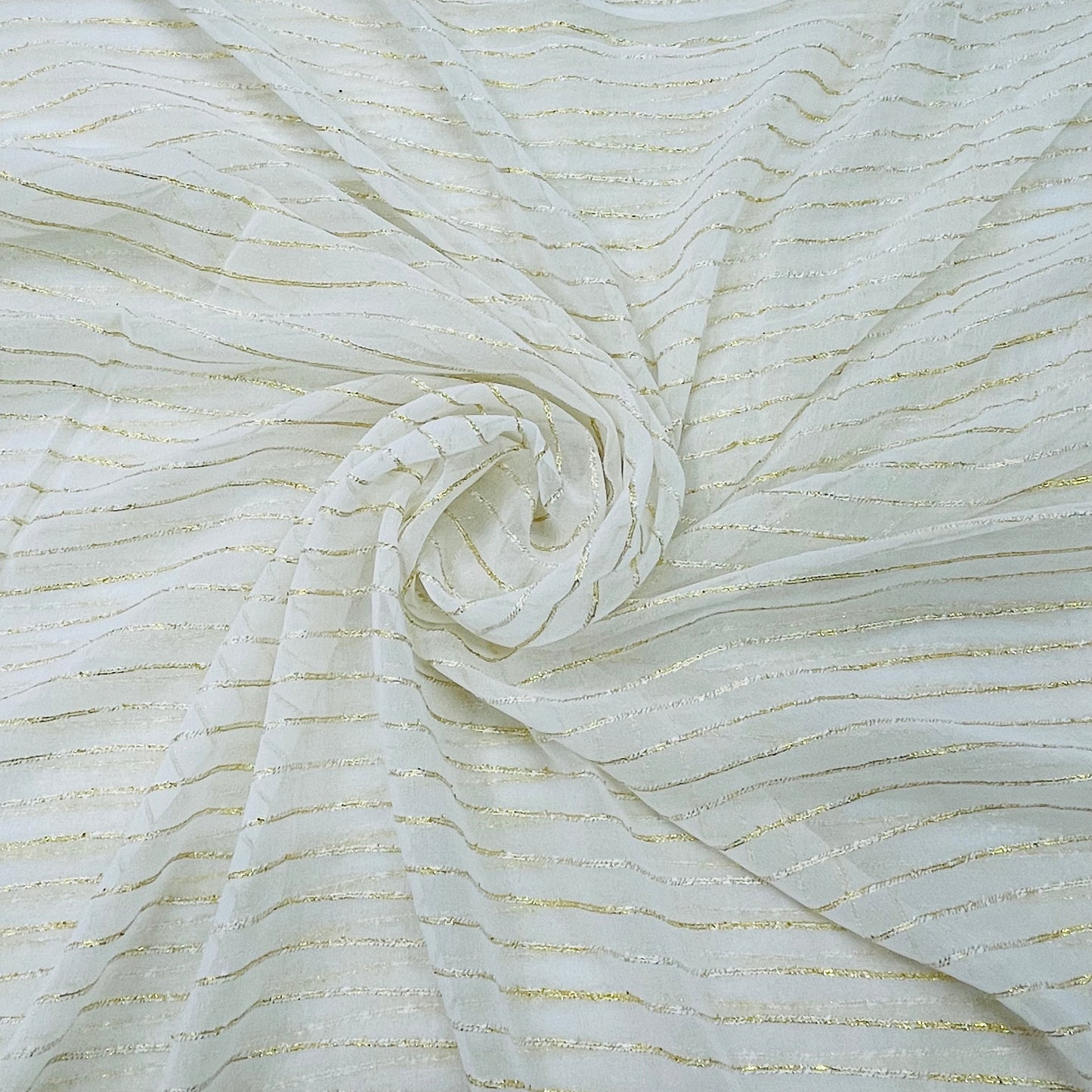 White with Golden Lurex Stripes Georgette Jacquard Dyeable Fabric