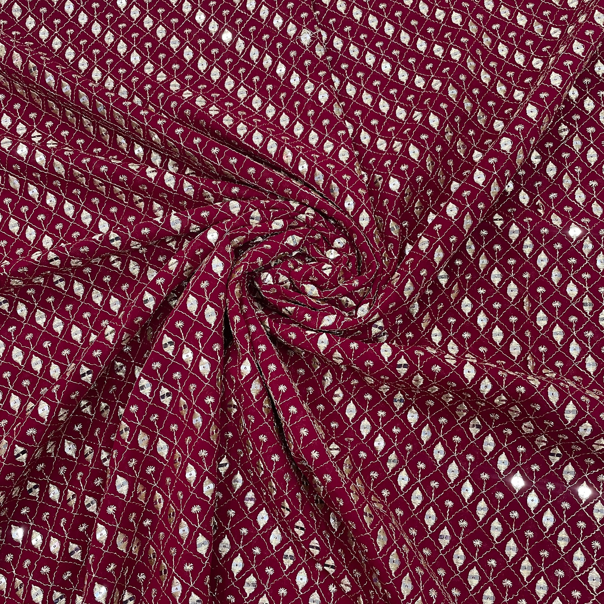 Red Maroon Check Embroidery Sequence Georgette Fabric - TradeUNO