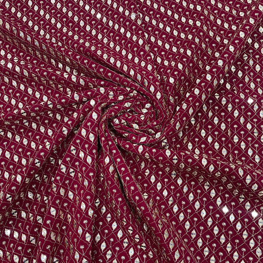 Red Maroon Check Embroidery Sequence Georgette Fabric